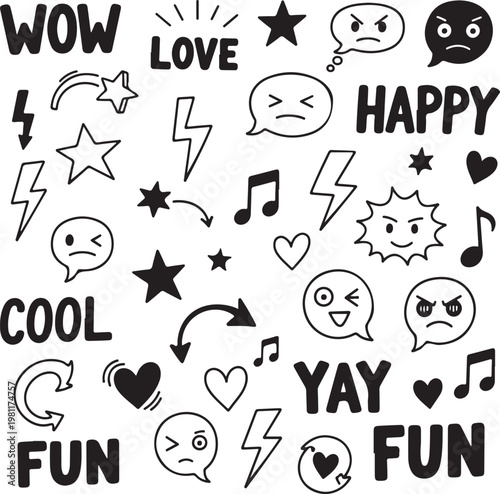 Collection of emoticon faces and expressive words for kids and teens