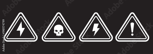 Warning triangle icons vector set, electric hazard, toxic skull and caution symbols, collection for industrial risk, workplace safety and emergency alerts. high voltage warning sign icons