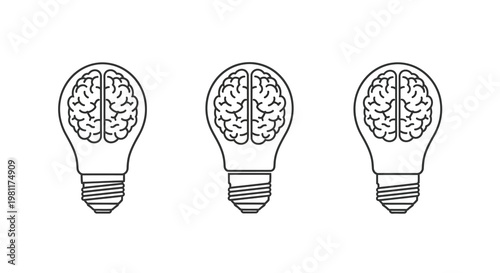 Three lightbulbs containing brains a conceptual illustration silhouette
