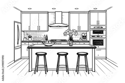 Modern kitchen interior with sleek cabinetry and three bar stools Vector