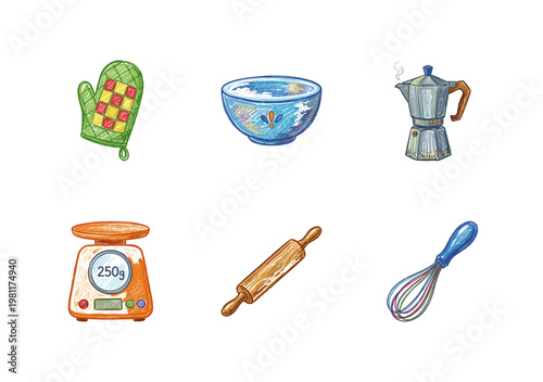 Kitchen Utensils and Cooking Equipment with Fluid Crayon Pencil Texture in Crayon Colorful Style