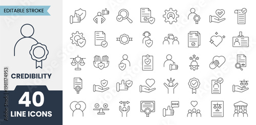 Credibility line icons set with editable stroke. Containing trust, integrity, commitment, reliable, authentic, reputation, commitment, regard and more. Vector illustration