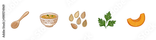 Pumpkin Soup Ingredients and Autumn Harvest Elements with Crayon Colorful Crayon Pencilwork and Organic Textures