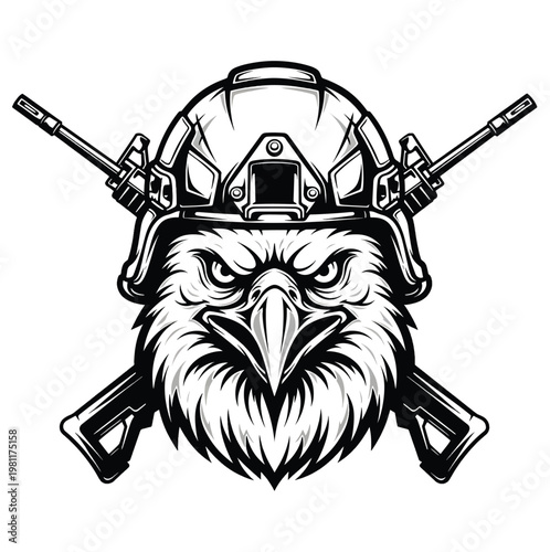 Powerful eagle's head with a tactical military helmet and crossed rifles, embodying strength, protection, and vigilance. A striking emblem for valor and readiness vector design