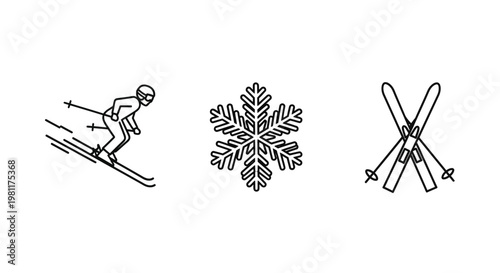 Skiing snowflake and skis depicted in a minimalist line art silhouette