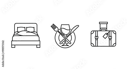 Travel icons depicting accommodation dining and luggage silhouette