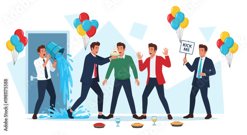 Hilarious workplace prank involving a bucket of water and pies, creating a chaotic and fun office celebration