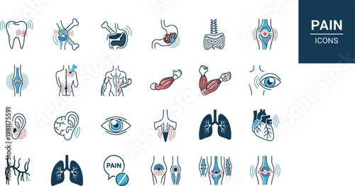 Medical pain icons collection with human body parts line style illustration for healthcare apps websites presentations and educational use