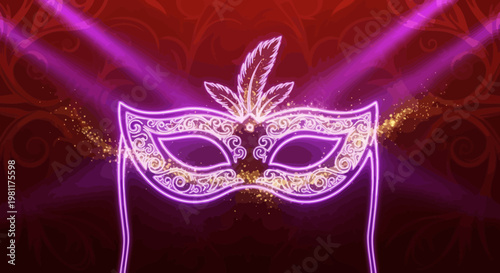 Elegant Venetian mask with glowing neon lights and golden glitter particles on a dark red background, perfect for parties and masquerade events