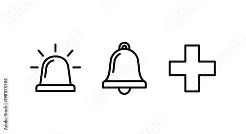 Three simple icons a siren bell and medical cross silhouette