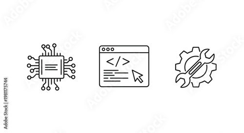 Technology icons depicting coding chips and mechanics silhouette