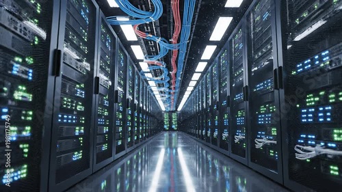 Modern Data Center With Rows of Network Server Racks and Blue Cooling Cables in Cloud Computing Facility