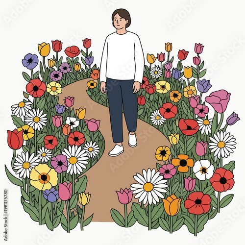 Person walking on path through vibrant flower garden, representing mindfulness and journey.