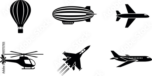 Black and White Air Transport Icons Set with Hot Air Balloon, Zeppelin, Helicopter, Jet, and Airplane for Travel and Aviation Projects