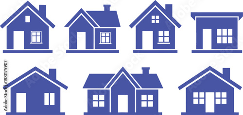 Black and white vector graphic illustration of various house designs