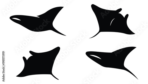 Vector Stylized Manta Ray and Eagle Ray Silhouette with Underwater Ocean Waves and Water Ripple Effect Icon Illustration