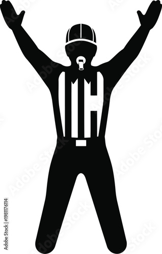 Black silhouette of an american football referee signaling a touchdown with arms raised high.