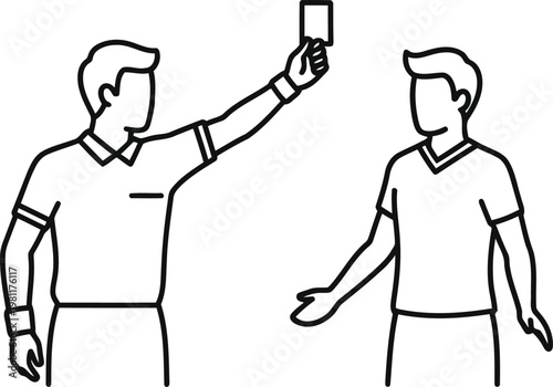 A referee showing a red card to a soccer player in a simple line art illustration style