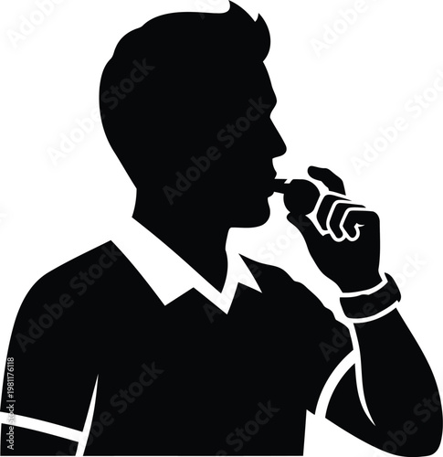 A black silhouette of a sports referee holding up a red card as a penalty sign on white.