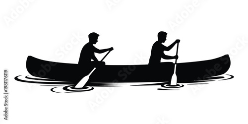 Canoe silhouette black two people paddling on water detailed outdoor recreation scene isolated high quality professional illustration