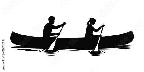 Canoe silhouette black paddling couple on water lake adventure activity detailed outdoor recreation illustration isolated high quality design