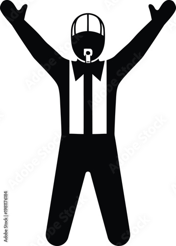 Black referee stick figure icon holding up a red card to signal a foul or penalty during a match.