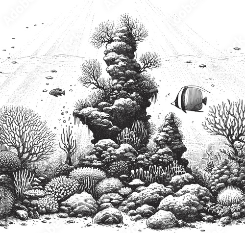 Tableau sur toile Line art sketch drawing of an underwater coral reef scene