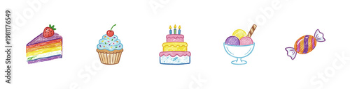 Sweet Dessert and Bakery Treats Pattern Elements with Crayon Chalkboard Style White Ink Doodles and Whimsical Outlines