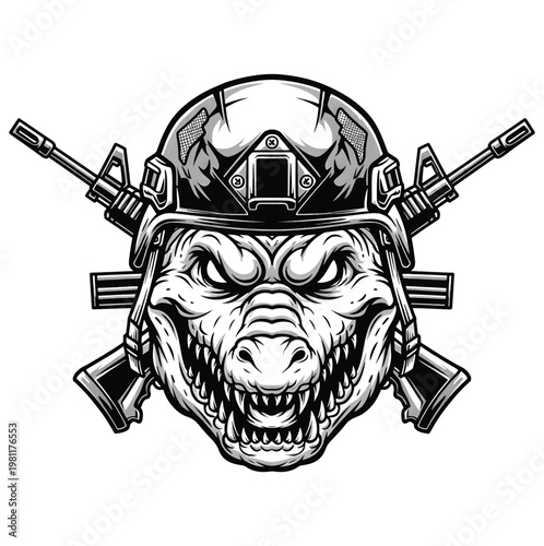 Tough Gator Wearing Military Helmet and Crossed Rifles Illustration - Fierce Reptile Warrior Emblem Vector Design