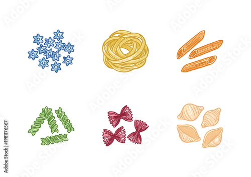 Italian Pasta Varieties and Mediterranean Cuisine Ingredients with Colorful Crayony Pencil Texture and Organic Colorful Textures