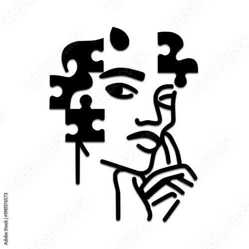 Black Line Art of Man with Puzzle Pieces for Hair