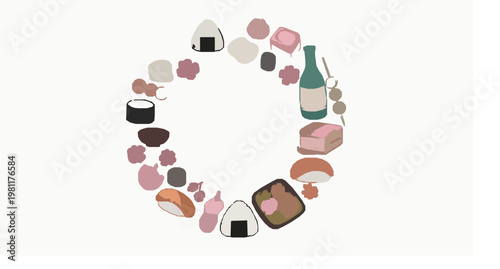 Hanami bento and Japanese sweets wreath vector hand drawn sakura food illustration isolated on white