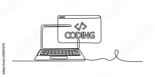 A single continuous line drawing of a laptop computer with an open browser window for coding task. Vector, illustration