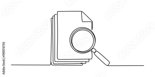 A continuous line drawing of a stack of documents being examined with a circular magnifying glass Vector, illustration