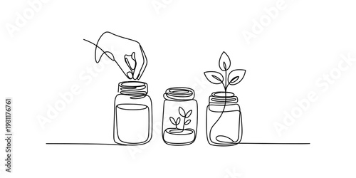 Continuous line drawing of a hand placing a seed into a glass jar representing nature growth Vector, illustration