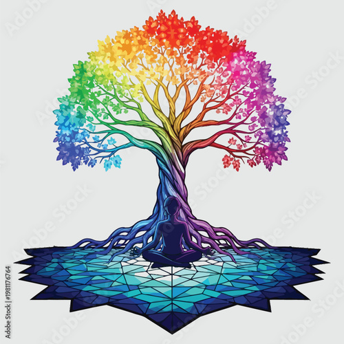 Person meditating under rainbow tree, symbolizing enlightenment and interconnectedness.