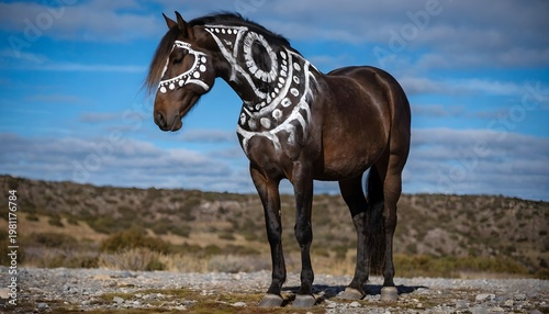 Decorated pinto horse standing outdoors high resolution photo