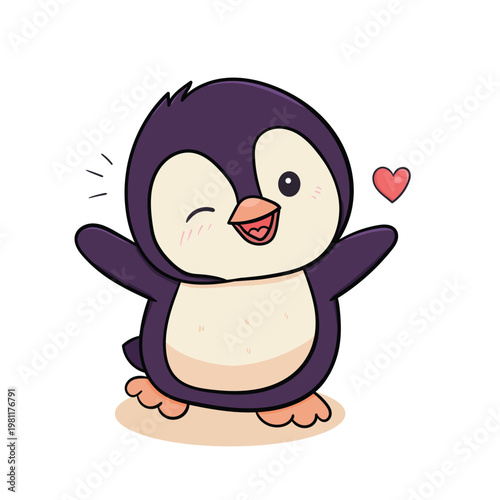 Illustration of a cute purple penguin character winking with one eye and arms open, drawn in a simple chibi style, creating a cheerful, adorable feel for kids or playful designs