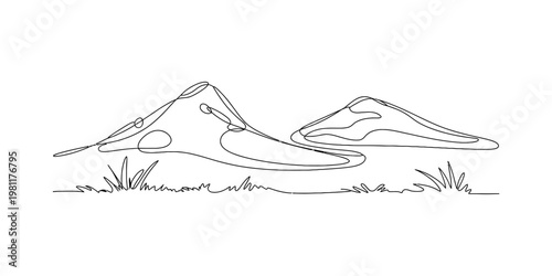 Minimalist continuous line drawing of two mountain peaks over a field with simple grass patches Vector, illustration
