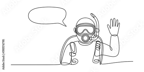 A single line drawing of a scuba diver wearing a mask and snorkel with a speech bubble for text Vector, illustration