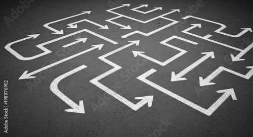 Multiple White Directional Arrows Painted On Asphalt.