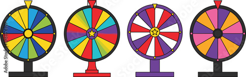 Colorful Prize Wheel Spinner Set with Fortune Game Boards and Lucky Spin Elements for Casino Game Show and Promotional Design