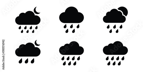 Cloud silhouette black rain falling droplets minimalist weather icon detailed high quality professional graphical illustration isolated