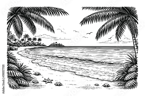 Tranquil tropical lagoon bordered by lush palm trees and rocky shoreline Vector