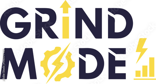 Grind Mode typography logo with lightning bolt and gear icons, motivational hustle culture vector, industrial productivity and success concept