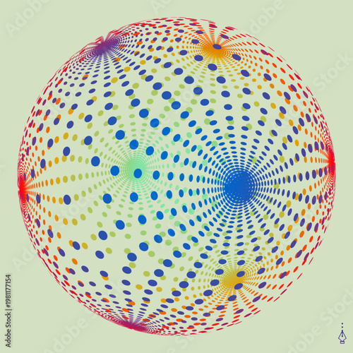 Energy field on the surface of a sphere. Dynamic mathematical model. Grid. Color gradient. Global digital connections. Technology concept. Geometric shape for design. Vector illustration.