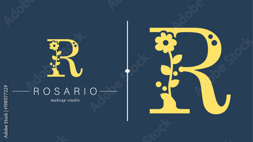 Logo, capital letter R. Monogram of Botanical Minimalistic, Initial. with Organic Plant Elements. chamomile, Dandelion. Vector design. for tattoo studio