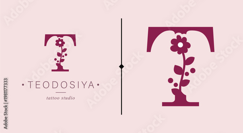 Logo, capital letter T. Monogram of Botanical Minimalistic, Initial. with Organic Plant Elements. chamomile, Dandelion. Vector design. for tattoo studio