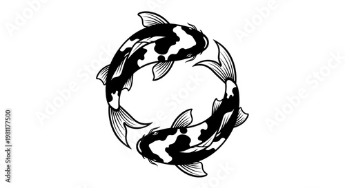 Stylized black and white koi fish swimming in a circular, yin-yang formation, representing harmony and balance in a graphic illustration.