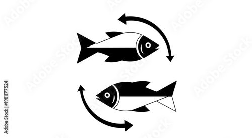 Two stylized black and white fish with circular arrows indicating a continuous cycle or rotation.